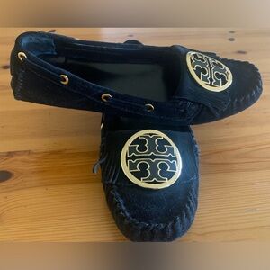 Tory Burch Black Suede Driving Moccasin Loafers with Gold and Black Enamel Logo